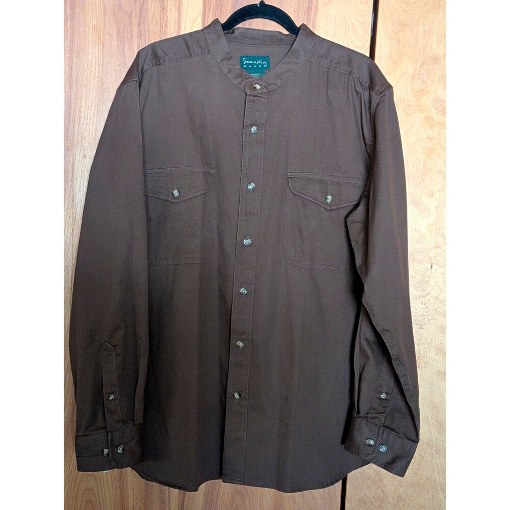 VTG Scandia Woods Shirt Mens XL Brown Sturdy Cotton Twill Band Collar Utility